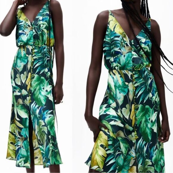 Zara tropical print palm leaves dress green M NWT satin lightweight summer midi - Picture 2 of 7
